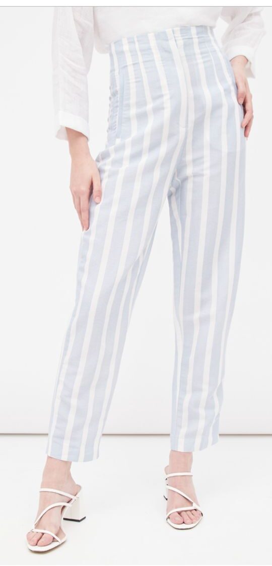 Calças direitas em linho Azul-celeste e branco - Zara